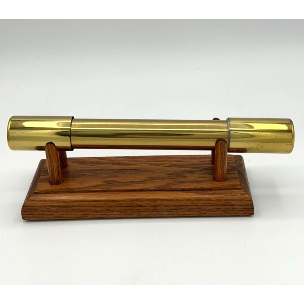 Vintage Brass Kaleidoscope on Oak Wood Stand Desk Display Needs Repair TLC